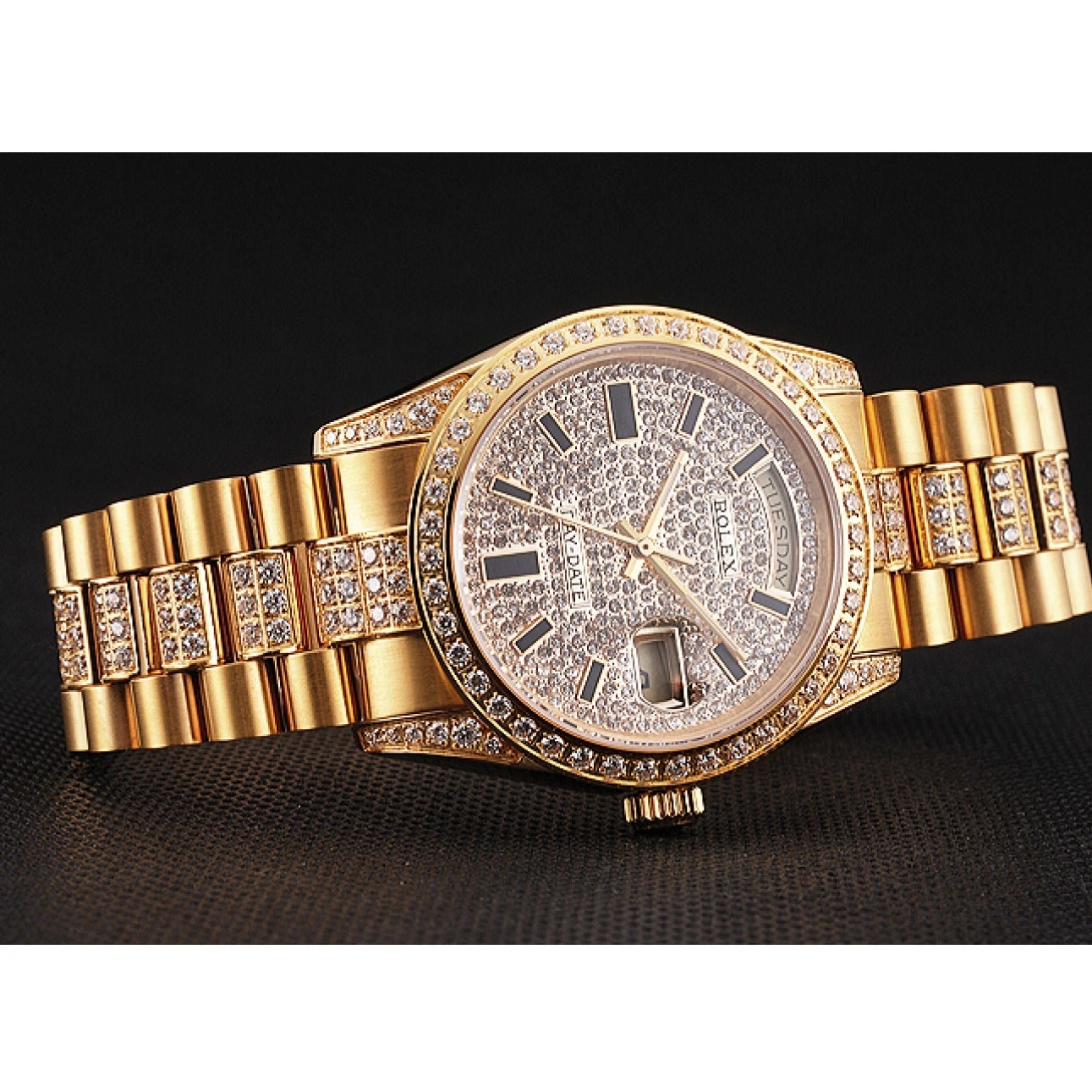 Aaa replica watch Date Yellow Swiss Diamond Gold Pave Day Rolex 0708